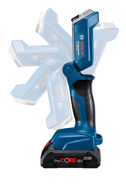 Blå Bosch ProCORE 18V arbetslampa med ledad design, skuggor visar justerbarhet.