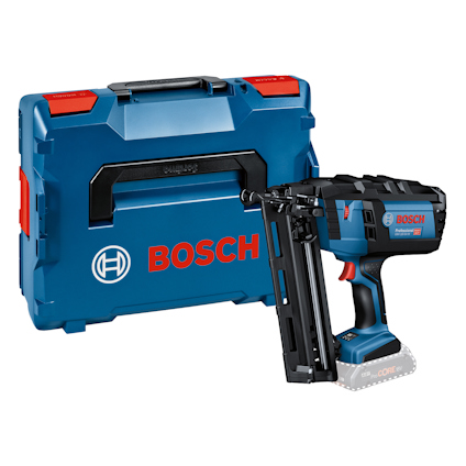 Blå Bosch FNS 250 nagelpistol med blå verktygslåda, båda med röda detaljer.