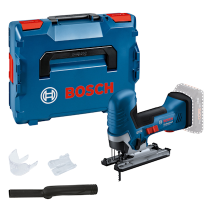 Sticksåg från Bosch med blå förvaringslåda, ställbara tillbehör och svart dammsugarmunstycke.