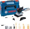 Blå Bosch slipmaskin med diverse tillbehör och bärväska; handtag och elektriska delar synliga.