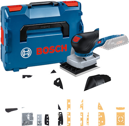 Blå Bosch slipmaskin med diverse tillbehör och bärväska; handtag och elektriska delar synliga.