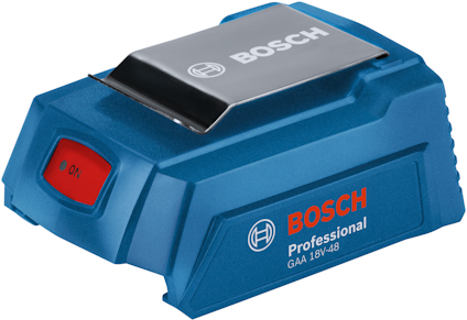 Batteriadapter i blått med texten "BOSCH Professional GAA 18V-48" och en röd ON-knapp.