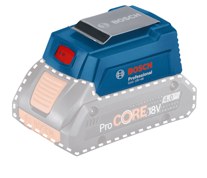 Blå Bosch batteriadapter med röd strömbrytare och Bosch-logotyp.