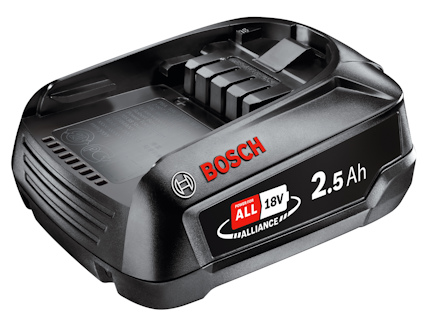 Svart Bosch batteripack med röd text, "2.5 Ah" och "18V".