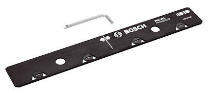 Svart Bosch POF 1200 styrskena med skruvhål och justernyckel.