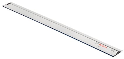 Lång, smal metallräl med Bosch-logga och mätstreck, troligen en styrskena för verktyg.