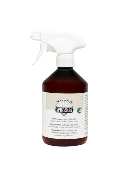 Brun sprayflaska med vit etikett och grön logotyp, samt en vit spraypump. Etiketttexten är delvis synlig.
