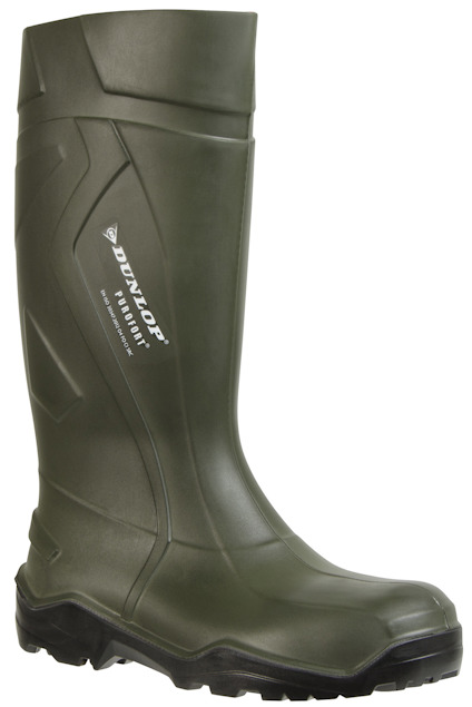 Grön stövel med robust sula och texten "Dunlop Purofort S5".