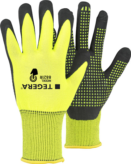Två gula och svarta arbetshandskar från Tegera, modell 8821R, med greppmönster på handflatorna.