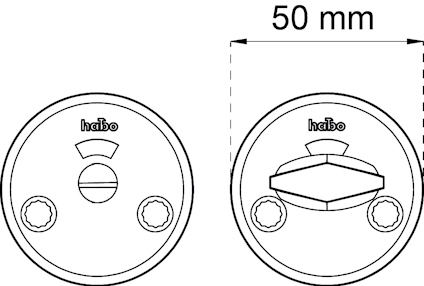 Ritning av låshus med texten "habo", visar fram- och sidovy med mått 50 mm.
