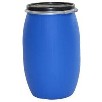 Blå plasttunna med svart lock och silverfärgad spännanordning.