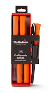 Orange hantverkarknivar med plasthandtag och svart hölster i förpackning märkt "Hultafors Craftsman's Knives".