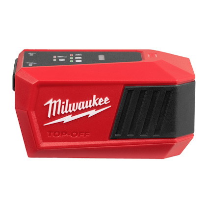 Röd och svart Milwaukee enhet med logotyp och ordet "TOP-OFF" på sidan, utrustad med knappar och indikatorlampor.