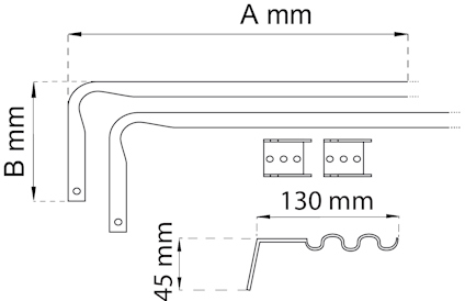 Ritning av två L-formade metalldelar med måttangivelser A mm och B mm samt två fyrkantiga fästen.