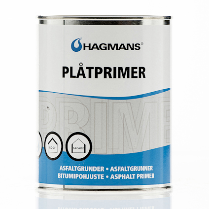 Plåtprimerburk från Hagmans med texten "Asfaltgrunder, Asfalt Primer" och symboler för tak och fasad.