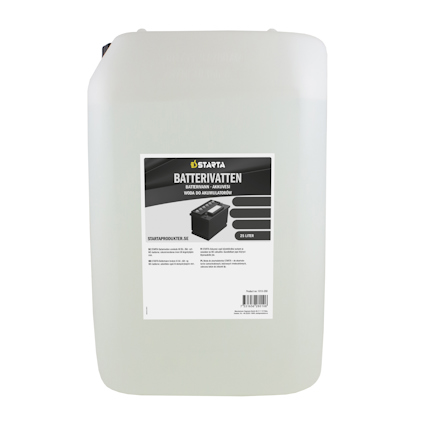 Vit 25 liters plastdunk med etikett som har texten: STARTA BATTERIVATTEN.