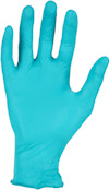 Turkos engångshandske i latex, öppen handflata och utsträckta fingrar.