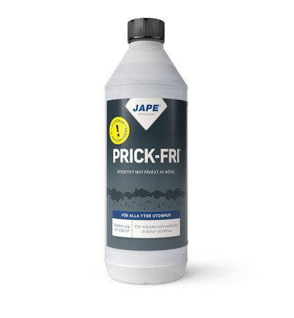 Flaska med etiketttext "Jape Prick-Fri" och "Effektivt mot påväxt av mögel", med blå och gul design, svart kork.