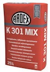 Förpackning med ARDEX K 301 MIX avjämningsmassa, 25 kg, i vitt och orange med svart text.