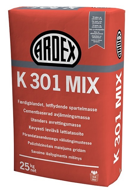 Förpackning med ARDEX K 301 MIX avjämningsmassa, 25 kg, i vitt och orange med svart text.