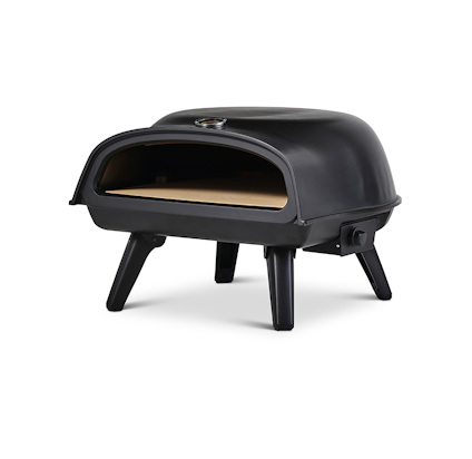Svart pizzaugn med korta ben och en termometer på övre framsidan.