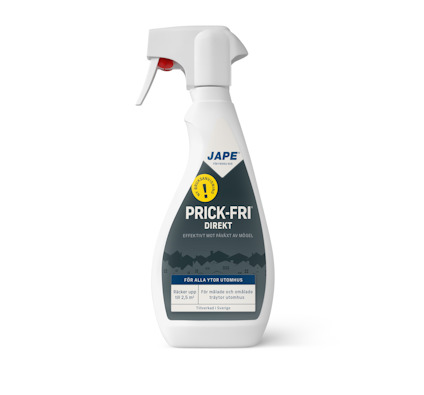 Sprayflaska med etiketten "Jape Prick-Fri Direkt" och information om användning mot mögel.