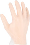 Engångshandske av plast i genomskinligt material, formad som en uppsträckt hand.