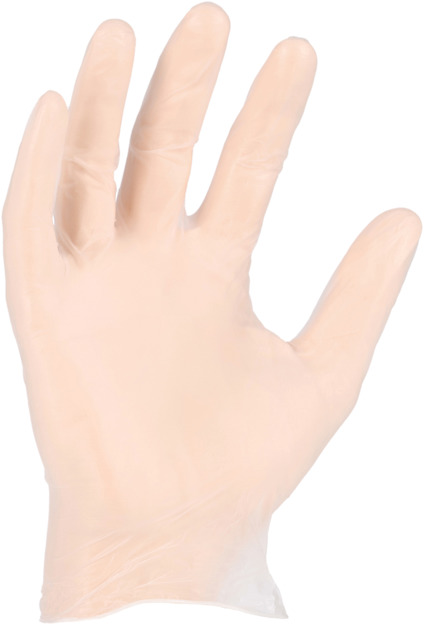 Latexhandske i ljus färg, uppsträckt hand med fem fingrar synliga.