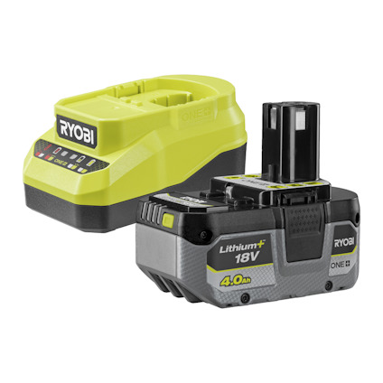 Batteriladdare och 18V litiumbatteri med varumärket RYOBI och "ONE+" tryckt på sidan.