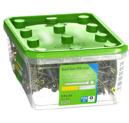 Transparent plastbehållare med grönt lock innehållande 500 skruvar, etikett med texten "Board Spån OSB skruv".