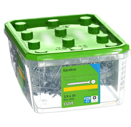 Plastburk med gipsskruv, grön lock och etikett med texten "Gipsskruv 3,9x30, 1000 st, ESSVE".