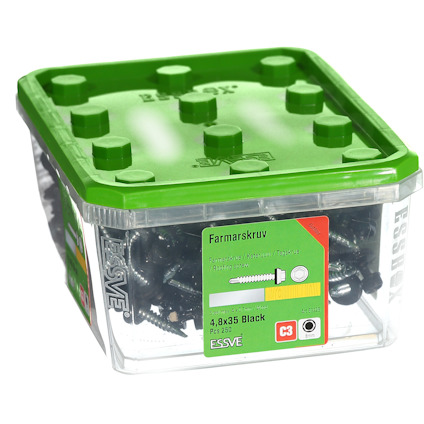 Plastlåda med grönt lock innehållande ESSVE farmerskruvar, 4,8x35 mm, svarta, 250 st.
