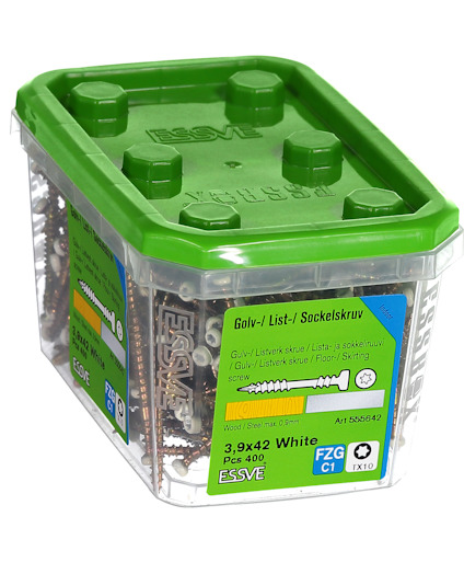 Förpackning med 400 vita golv-/list-/sockelskruv 3,9x42 mm från ESSVE.