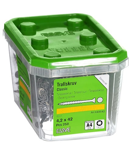 Förpackning med 250 terrasskruvar, 4,2 x 42 mm, ESSVE Trallskruv Classic. Green top, plastic box.