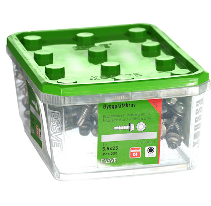 Förpackning med Essve byggplåtskruv, 5,5x25 mm, 200 st, med grön lock och etikett.