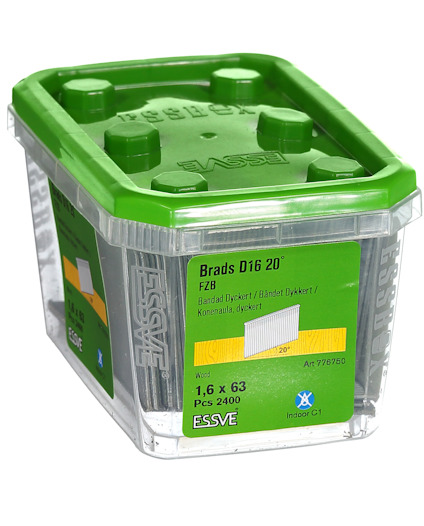 Plastförpackning med grönt lock innehållande kroknålspik, 1,6 x 63, PCS 2400, Essve, art 7796750.