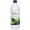 Plastflaska med blått lock och etikett som visar texten "Saneringsvätska" och gröna blad. Volym: 1 liter.