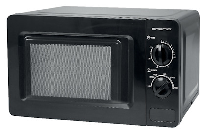 Svart mikrovågsugn med två vred och en knapplucka på höger sida.