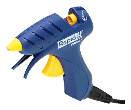 Blå limpistol med gul avtryckare, text: "Rapid EG Point Ø7". Kopplad strömkabel.