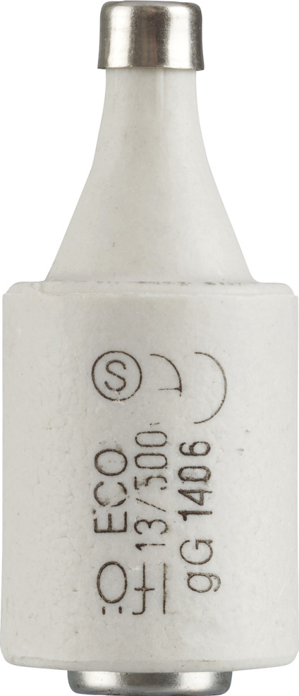 Vit cylindrisk säkring med text och symboler, inklusive "13A 500V".