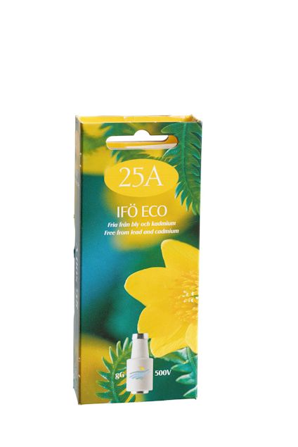 Förpackning för IFÖ ECO säkring 25A, fri från bly och kadmium, 500V. Gul blomma och gröna blad på design.