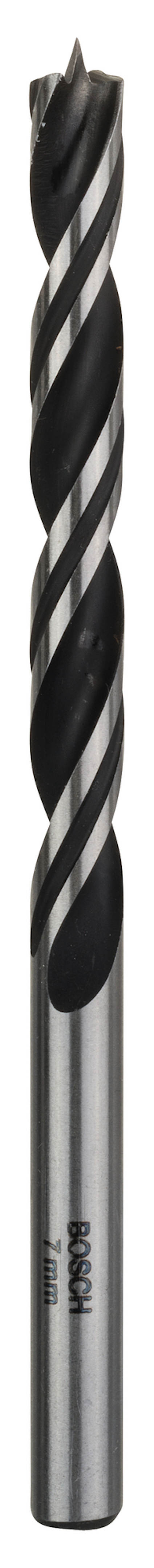 Metallborr med spiralformade räfflor och spetsig ände, märkt med "BOSCH 8mm".