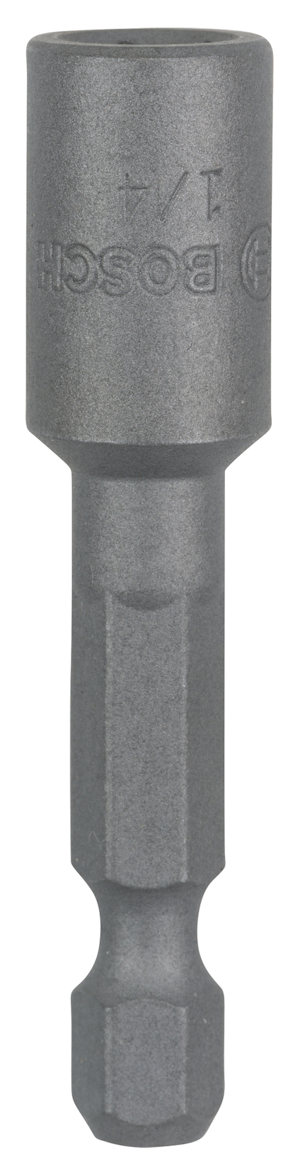 Metallisk Bosch hylsnyckel 1/4 tum med hexagonal skaft.