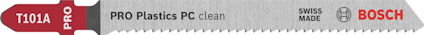 Sticksågblad med röd etikett, märkt "T101A", "PRO", "PRO Plastics PC clean", "SWISS MADE", "BOSCH".