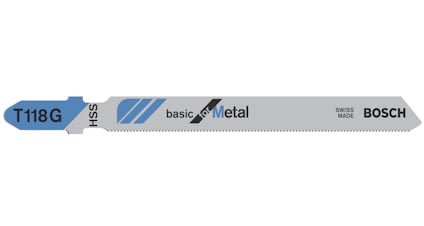 Sågblad för metall, Bosch T118G, HSS-stål, text: "basic for Metal", "SWISS MADE".