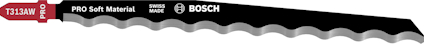 Svart sågblad med texten "T313AW PRO Soft Material SWISS MADE BOSCH".