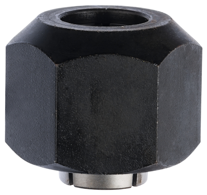 Svart sexkantig metallhylsa, öppen i ena änden, mot vit bakgrund.