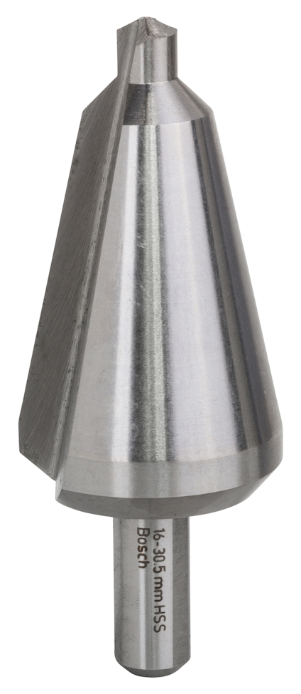 Konisk metallborr med skarp spets och ingraverad text: "18-30 mm HSS".