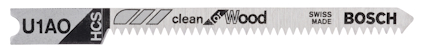 Tigersågblad med märkning "U1AO HCS", "clean for Wood", "Swiss Made", "Bosch".