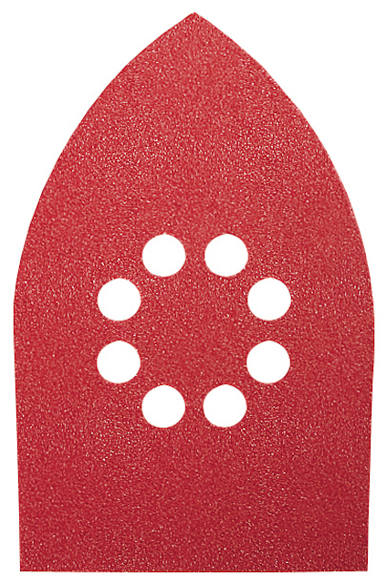 Rött sandpapper med åtta runda hål i cirkelform.